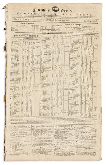 (SLAVERY.) Group of Boston Gazettes discussing Gabriels Rebellion in Virginia.